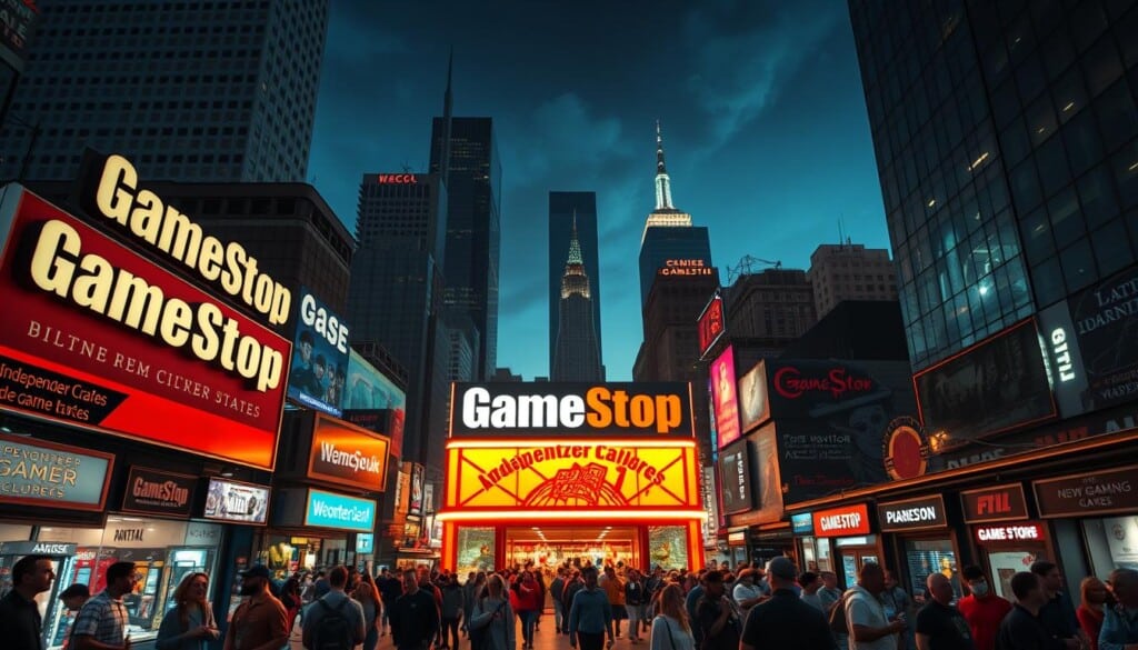 A bustling city scene depicting popular game stores across the United States. In the foreground, the neon-lit facade of a large GameStop store stands prominently, its iconic logo illuminating the night sky. Surrounding it, a diverse array of independent game shops, each with its own unique character and flair - from a retro-themed arcade to a modern, minimalist PC gaming boutique. In the middle ground, crowds of enthusiastic gamers browse the latest releases, chatting excitedly and filling the streets with a palpable energy. The background features a mix of towering skyscrapers and iconic landmarks, creating a sense of place and scale. The overall scene is captured with a cinematic, wide-angle lens, bathed in a warm, golden glow that evokes a sense of excitement and nostalgia for the gaming community.
