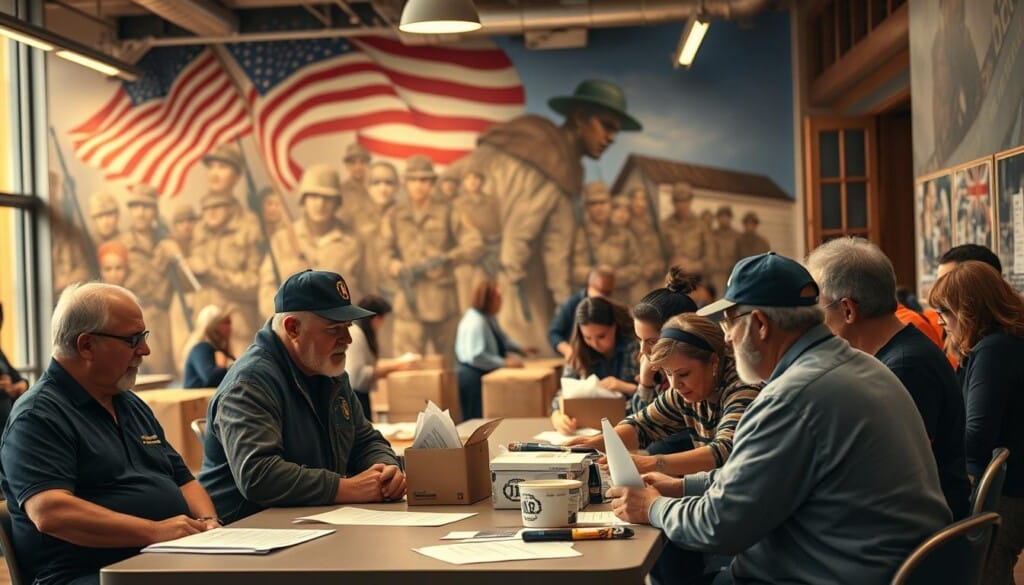 A bustling city scene featuring a group of veterans and volunteers collaborating at a community center. In the foreground, a team of veterans discussing plans and strategies with local organizers around a table, conveying a sense of engaged partnership. In the middle ground, a group of volunteers sorting and packing donations for care packages. In the background, a mural depicting patriotic imagery and service members, bathed in warm, diffused lighting. The mood is one of camaraderie, community support, and a shared commitment to honoring and assisting those who have served.