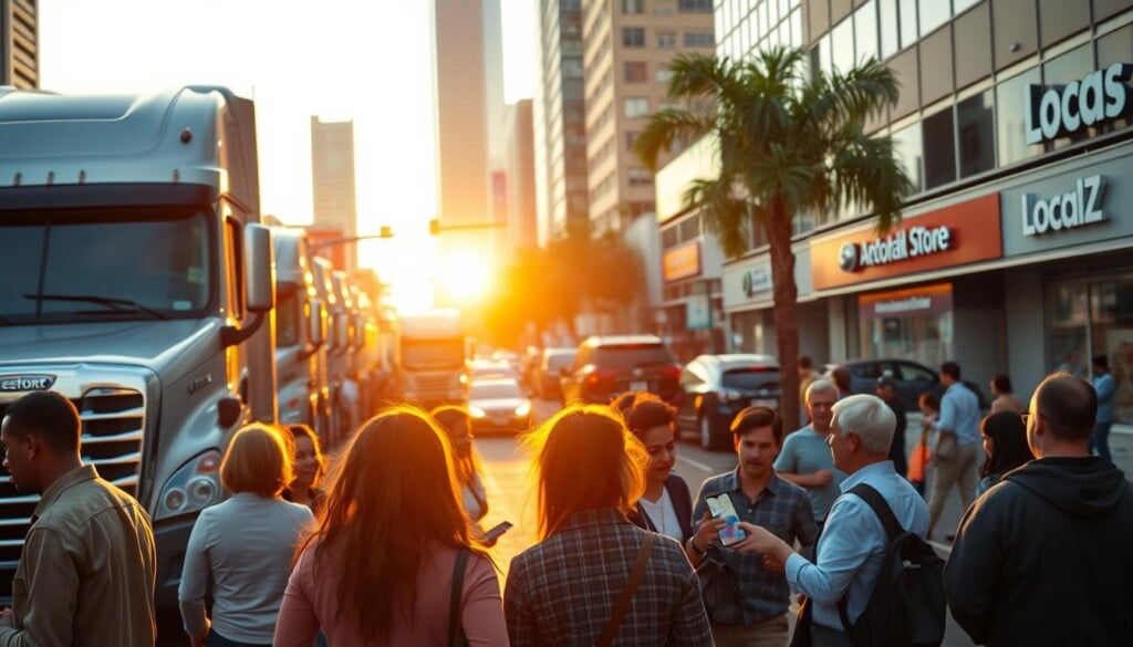 A bustling city scene with a prominent truck dealership in the foreground. In the middle ground, a diverse group of people using a mobile app called "LocalZ" to connect with the dealership staff. The background features a busy street with other businesses and pedestrians, all bathed in the warm glow of a late afternoon sun. The overall mood is one of efficiency, connectivity, and the bustling energy of urban commerce. The lighting is natural and directional, creating depth and texture. The camera angle is slightly elevated, giving a bird's-eye view of the scene.