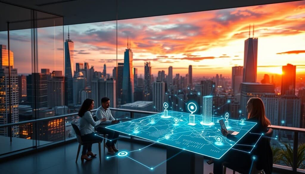 A bustling city skyline at dusk, with a network of glowing lines connecting various landmarks representing local optometry practices. In the foreground, a modern, minimalist office with sleek glass and metal accents. Inside, a group of professionals engaged in a collaborative meeting, their faces illuminated by the soft glow of a large digital display showcasing analytics and connections. The middle ground features a 3D holographic map, pulsing with data points and interactive icons that represent the "LocalZ" business platform. In the background, a vibrant cityscape with towering skyscrapers, punctuated by the warm hues of a setting sun, symbolizing the growth and expansion of this innovative optometry network.