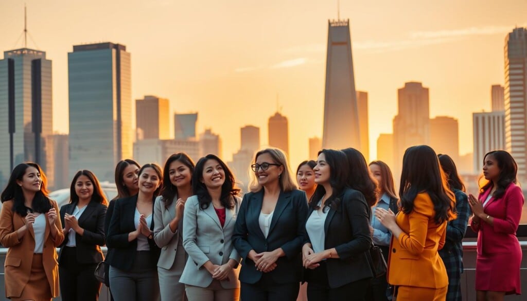 A bustling city skyline at golden hour, with a dynamic, diverse group of women in business attire standing in the foreground, hands clasped in unity and purpose. The backdrop features towering glass skyscrapers casting long shadows, symbolizing the growth and influence of women-led enterprises. Warm, diffused lighting illuminates their faces, conveying a sense of optimism and determination. In the middle ground, a vibrant network of women entrepreneurs engage in animated discussion, sharing ideas and supporting one another's success. The overall scene radiates a spirit of camaraderie, empowerment, and the profound impact of women in shaping the local business landscape.