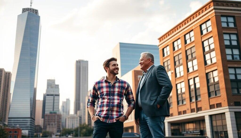 A bustling city skyline in the background, with a modern glass high-rise representing online lenders and a traditional brick building symbolizing traditional lenders. In the foreground, two figures, one casually dressed and the other in a suit, stand side by side, engaged in a friendly discussion. Warm lighting illuminates the scene, creating a sense of approachability and collaboration. The composition highlights the contrast between the two lending approaches, while conveying a harmonious coexistence. Crisp focus, a wide-angle lens, and a balanced depth of field ensure every detail is clearly visible.