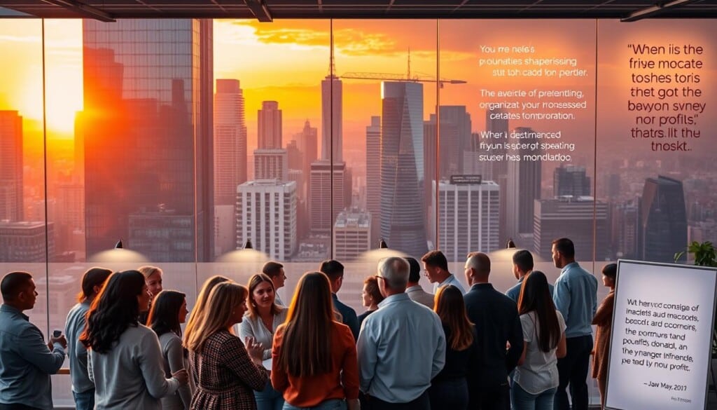 A bustling city skyline with towering glass buildings in the background, illuminated by warm sunset hues. In the foreground, a diverse group of people - volunteers, donors, and staff - gathered around a modern, open-plan office space. The atmosphere is one of collaboration and purpose, with vibrant artwork and inspirational quotes adorning the walls. Subtle lighting highlights the organization's mission and impact, conveying a sense of success and optimism. The scene captures the essence of thriving, well-managed non-profits that are making a meaningful difference in their communities.