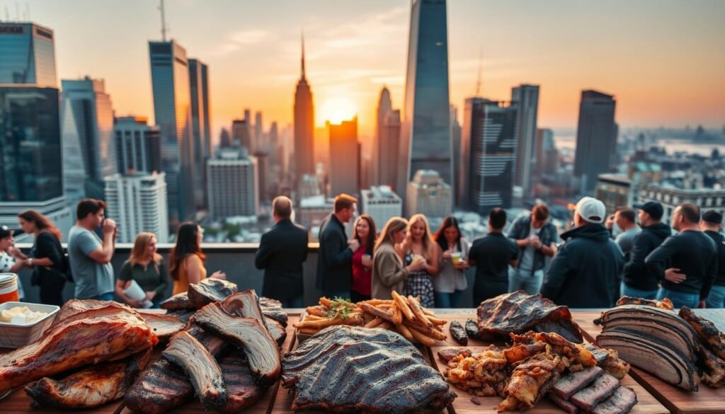 A bustling city skyline with towering skyscrapers, a vibrant street scene below showcasing the diverse culinary delights of the city's top BBQ restaurants. In the foreground, an array of mouthwatering barbecue dishes - sizzling ribs, juicy brisket, and smoky pulled pork, all presented on rustic wooden platters. The middle ground features lively patrons savoring these flavors, their expressions of pure delight captured in a warm, natural lighting. In the background, a panoramic view of the city's iconic landmarks, bathed in a golden sunset glow, creating a captivating and inviting atmosphere for this must-try BBQ dining experience.
