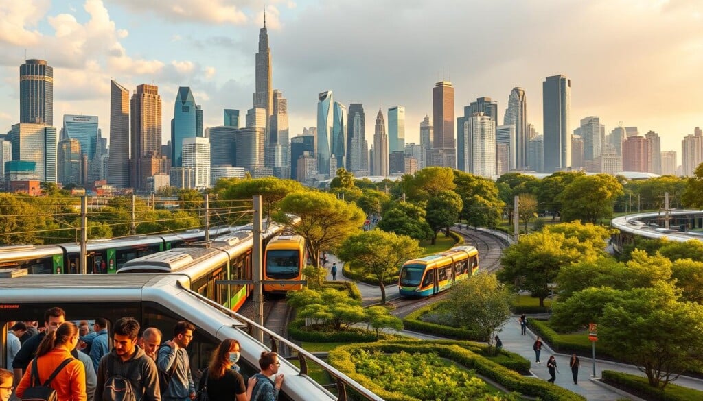 A bustling city skyline with towering skyscrapers and a network of electric trains, buses, and trams transporting passengers efficiently. In the foreground, a group of commuters embark and disembark, their faces expressing a sense of environmental consciousness. The middle ground features a lush urban park, with trees, shrubs, and well-maintained green spaces, showcasing the integration of nature and public infrastructure. Warm, golden lighting illuminates the scene, creating a peaceful and sustainable atmosphere. The overall composition conveys the harmonious coexistence of modern transportation and environmental preservation, highlighting the benefits of public transit for a greener, more livable city.