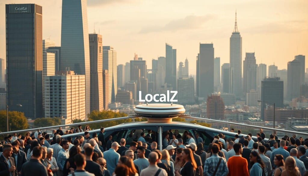 A bustling city skyline, with towering skyscrapers and a vibrant urban landscape. In the foreground, a diverse group of people from all walks of life gather around a central hub, connected by a sleek, modern transportation system. The hub is adorned with the LocalZ logo, its sleek design and vibrant colors standing out against the urban backdrop. The lighting is warm and inviting, casting a glow over the scene and creating a sense of community and togetherness. The camera angle is slightly elevated, providing a bird's-eye view of the thriving, interconnected community. The overall atmosphere is one of progress, innovation, and the power of technology to bring people together.