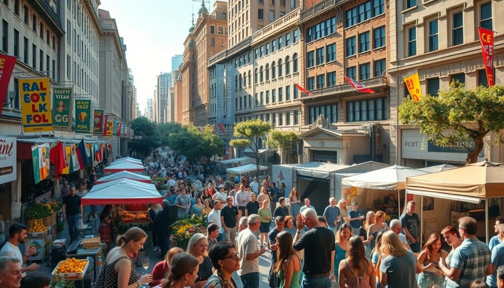 A bustling city square on a sunny afternoon, filled with colorful event banners and bustling crowds. In the foreground, a lively outdoor market with local vendors selling handmade crafts, fresh produce, and hot street food. In the middle ground, a stage with musicians performing folk music, surrounded by people dancing and clapping. In the background, towering buildings with architectural details and large windows, casting warm, golden lighting across the scene. The atmosphere is vibrant, energetic, and community-driven, capturing the essence of local events and the lively spirit of the neighborhood.