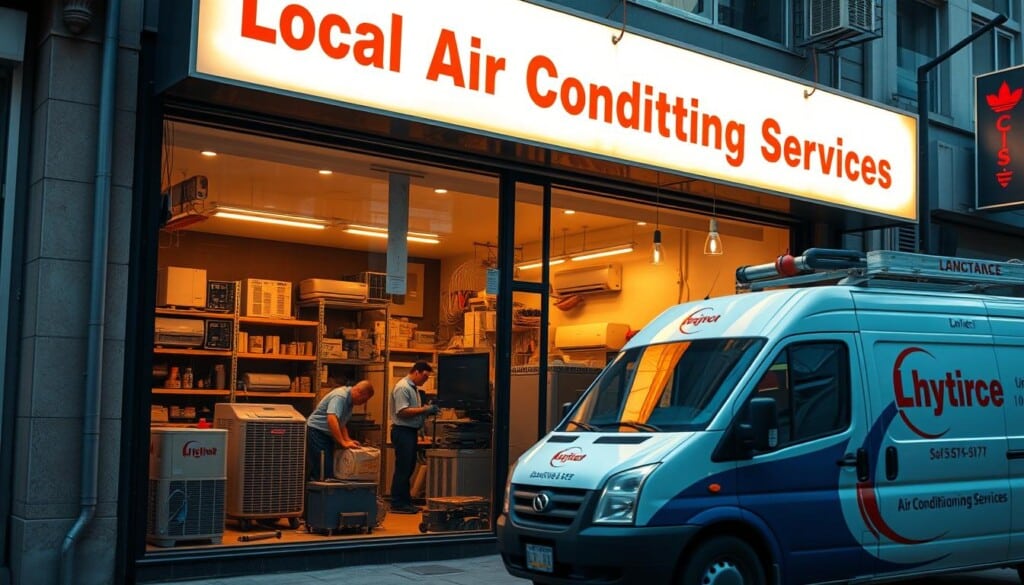 A bustling city street, a storefront with a prominent sign for "Local Air Conditioning Services" in a bold, eye-catching font. Through the large display windows, glimpse a team of technicians diligently working on air conditioning units, surrounded by shelves of equipment and tools. The lighting is warm and inviting, creating a sense of professionalism and expertise. In the foreground, a well-maintained service van with the company logo prominently displayed, ready to dispatch to nearby homes and businesses. The overall atmosphere conveys a reliable, trustworthy, and customer-focused air conditioning service, perfectly suited to illustrate the "Local Air Conditioning Services and Experts" section of the article.