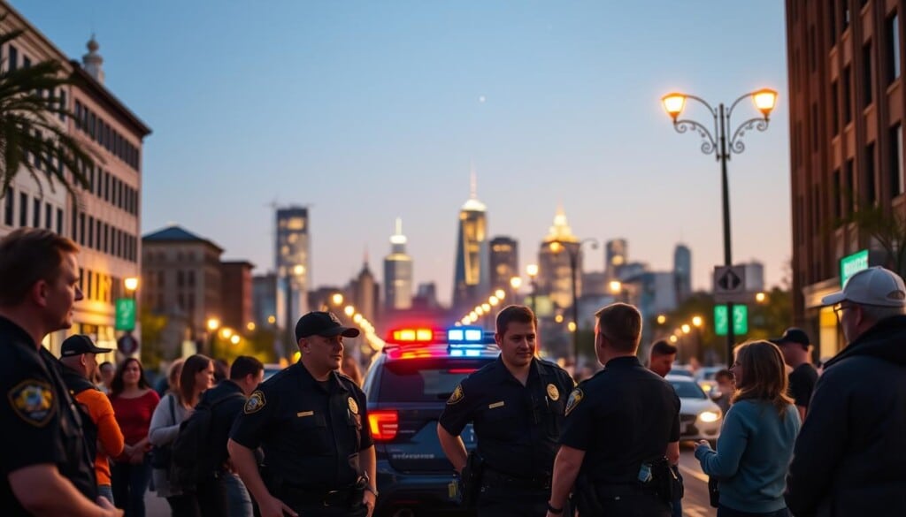 A bustling city street at dusk, illuminated by the warm glow of streetlamps. In the foreground, a group of LocalZ police officers engaged in a friendly conversation with local residents, their uniforms crisp and their expressions calm and approachable. The middle ground features a well-maintained police cruiser, its lights flashing softly, conveying a sense of vigilance and community presence. In the background, the skyline of the city is visible, with towering buildings and a clear, starry sky overhead, suggesting a sense of urban tranquility and security. The overall atmosphere is one of trust, cooperation, and a shared commitment to public safety.