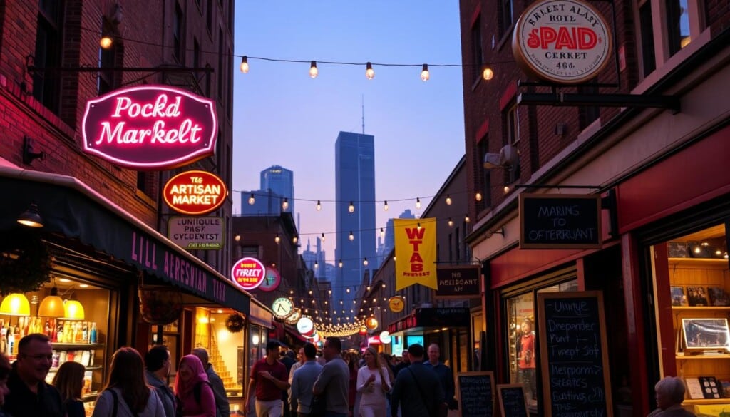 A bustling city street at dusk, neon signs and string lights casting a warm glow across a row of quaint storefronts. In the foreground, a group of people browsing the wares of a local artisan market, their faces illuminated by the soft light. The middle ground features vibrant window displays and chalkboard signs advertising the unique offerings of independent shops and restaurants. In the background, the hazy silhouettes of towering skyscrapers suggest an urban setting. The overall atmosphere conveys a sense of community, local pride, and the importance of supporting small businesses.