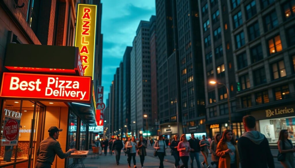 A bustling city street at dusk, with a brightly lit pizzeria in the foreground. The pizzeria's storefront features a large, prominent sign reading "Best Pizza Delivery" in neon lights. A delivery driver dressed in a crisp uniform is rushing out the door, a steaming hot pizza box in hand. In the middle ground, pedestrians hurry along the sidewalk, creating a sense of energy and movement. The background is filled with towering buildings, their windows glowing with warm light, conveying a cozy, inviting atmosphere. The scene is illuminated by a combination of streetlights and the pizzeria's neon signage, casting a soft, amber glow over the entire composition.