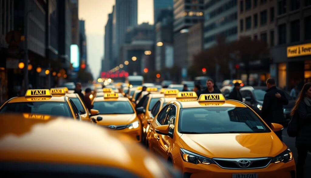 A bustling city street at dusk, with cars and pedestrians navigating the urban landscape. In the foreground, a well-lit taxi stand with several yellow cabs waiting to pick up passengers. The cabs are captured in a soft, warm light, their metallic bodies reflecting the streetlamps. In the middle ground, people hail and board the taxis, their movements frozen in a dynamic, cinematic moment. The background features skyscrapers and buildings, blurred and hazy, creating a sense of depth and scale. The overall atmosphere is one of efficiency, convenience, and the vibrant pulse of city life.