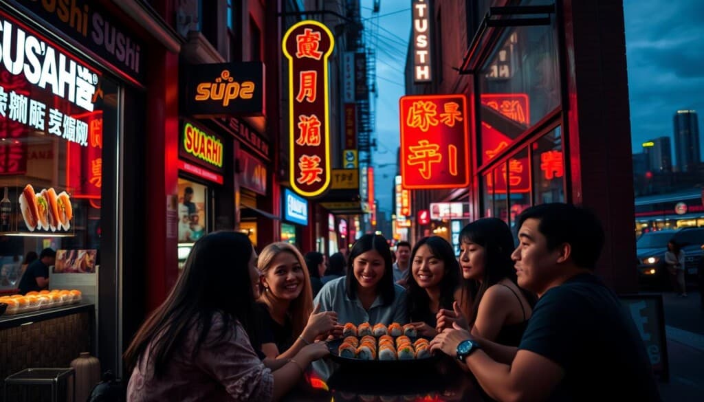 A bustling city street at dusk, with neon-lit signs and storefront windows showcasing delectable sushi dishes. In the foreground, a group of friends are gathered at a cozy, modern sushi bar, their faces alight with anticipation as they eagerly await their expertly crafted sushi rolls and nigiri. The lighting is warm and inviting, casting a soft glow over the scene. In the background, the skyline is visible, hinting at the vibrant and diverse neighborhood that houses this hidden gem of a sushi spot. The overall atmosphere is one of excitement, culinary adventure, and the shared joy of discovering the best sushi near you.