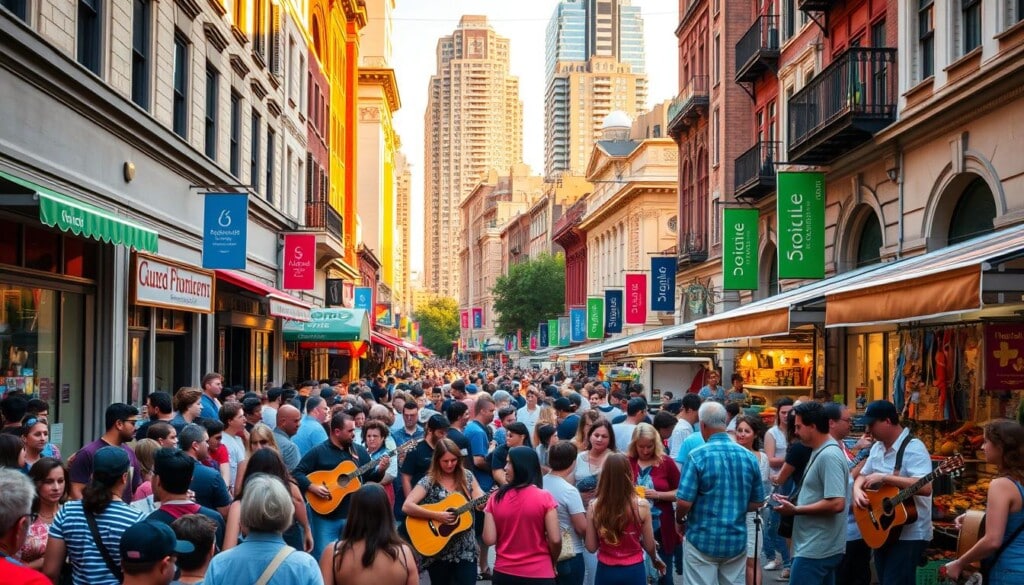 A bustling city street at golden hour, lined with vibrant storefronts and colorful awnings. In the foreground, a crowd of people gather around a lively street performance, musicians playing upbeat tunes on guitars and drums. In the middle ground, locals and tourists browse vendors' stalls, examining handcrafted goods and artisanal wares. The background features a mix of high-rise buildings and historic architecture, bathed in warm, soft lighting that creates a welcoming atmosphere. Convey a sense of community, energy, and excitement for the local events and promotions taking place.