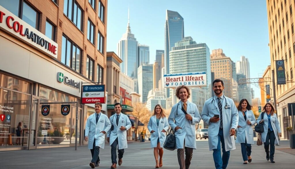 A bustling city street, bright and lively, with a row of professional medical offices. In the foreground, a group of local cardiologists stride purposefully, dressed in crisp white coats and carrying medical bags. They exude an air of expertise and compassion as they make their way to their respective practices. The middle ground reveals the signage and logos of the various cardiology clinics, each offering specialized heart health services. In the background, the cityscape rises, with towering skyscrapers and a vibrant urban atmosphere. Warm, natural lighting illuminates the scene, creating a welcoming and approachable ambiance that invites patients to seek out these skilled, local heart health professionals.