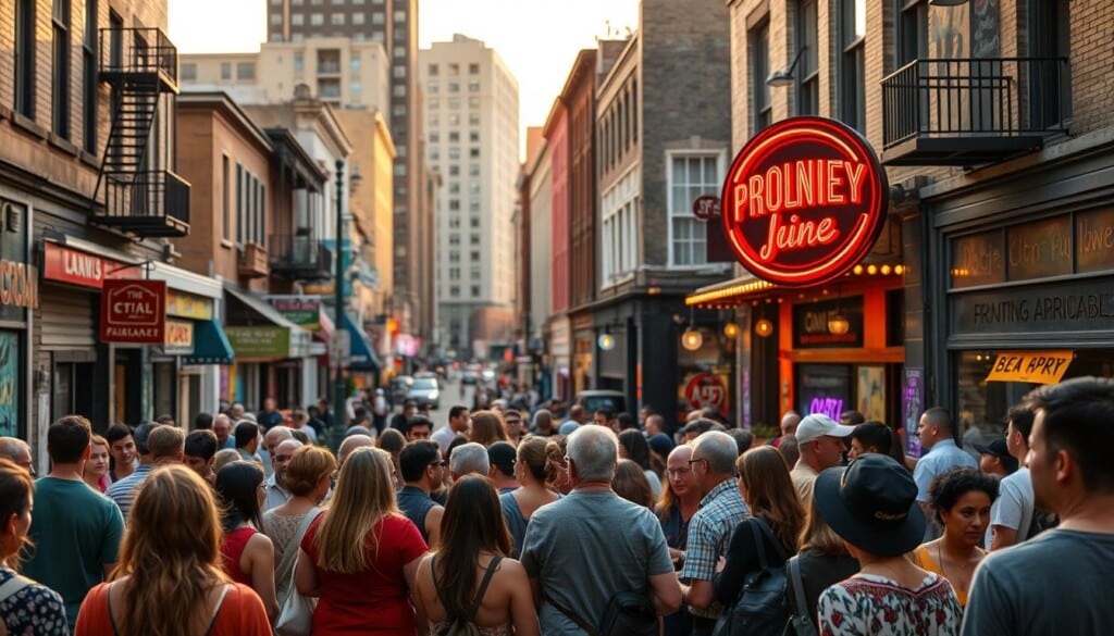 A bustling city street, bustling with energy and community vibrancy. In the foreground, a group of diverse individuals from all walks of life gathered around a local music venue, discussing upcoming events and collaborating on promotional initiatives. The middle ground showcases the venue's vibrant facade, with colorful murals and neon signage that captures the essence of the local music scene. In the background, a mix of historic buildings and modern architecture provides a sense of place, conveying the interdependence between the venue and its surrounding community. Warm, golden lighting illuminates the scene, creating a welcoming and inviting atmosphere that reflects the inclusive nature of the community partnerships.