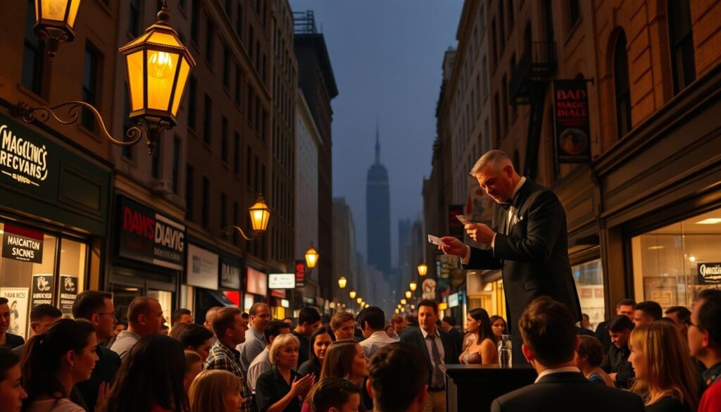 A bustling city street, dimly lit with warm, golden lighting from ornate street lamps. In the foreground, a group of people gathered around a seasoned magician, captivated by his dazzling sleight of hand. The magician, dressed in a classic black tuxedo, stands on a small raised platform, performing a mesmerizing card trick. Onlookers of all ages watch in awe, their expressions a mix of wonder and excitement. In the middle ground, various storefronts line the street, their windows displaying posters and signs advertising local magic shows and performers. The background features a hazy, urban skyline, suggesting a vibrant, metropolitan setting ripe for discovery of talented local magicians.