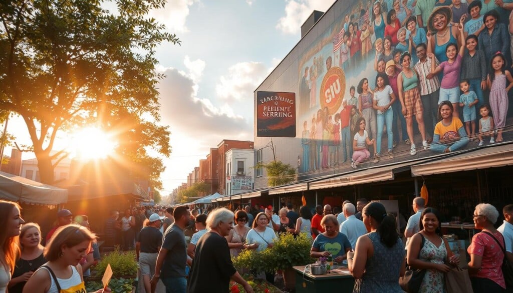A bustling city street filled with diverse community members, united in their support and celebration. In the foreground, a group of people of different ages, races, and backgrounds gather around a vibrant community garden, tending to the plants and sharing stories. In the middle ground, a lively street market showcases local artisans and vendors, their colorful stalls and wares creating a vibrant tapestry. In the background, a towering mural depicting scenes of unity, cooperation, and civic pride adorns the side of a building, bathed in warm, golden sunlight filtering through fluffy clouds. The overall atmosphere radiates a sense of togetherness, resilience, and a shared commitment to uplifting the community.