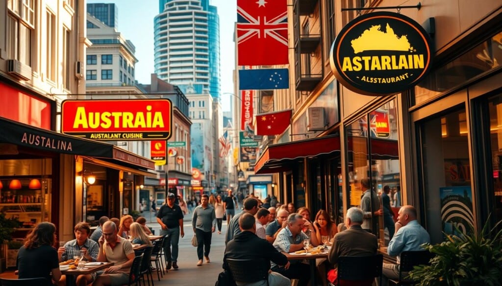 A bustling city street filled with vibrant storefronts and signage, the camera focused on a group of diners enjoying a lively meal at an authentic Australian restaurant. The scene is bathed in a warm, golden light, creating a cozy and inviting atmosphere. In the foreground, the restaurant's façade features a prominent sign showcasing its name and national cuisine. Patrons seated at outdoor tables can be seen savoring their meals, engaging in animated conversation. The middle ground captures the energy of the urban setting, with pedestrians strolling by and a few distinctive Australian-inspired architectural elements. In the background, a blend of modern and heritage buildings creates a dynamic and cosmopolitan backdrop, hinting at the diverse culinary offerings of the local neighborhood.