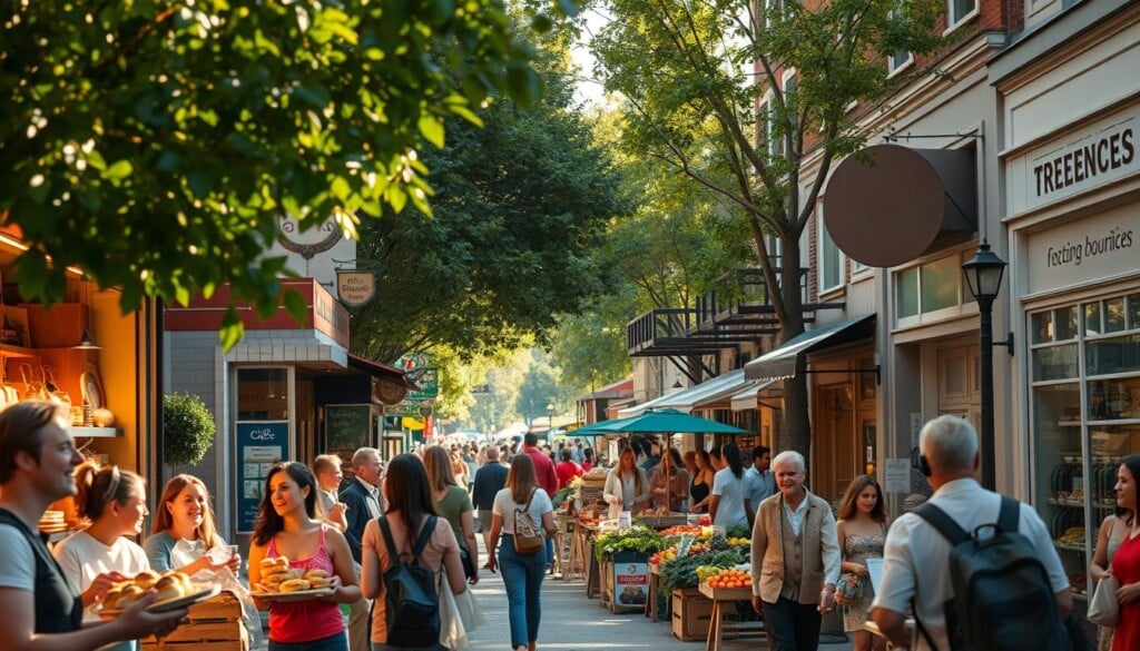 A bustling city street, illuminated by warm afternoon sunlight filtering through lush trees. In the foreground, a group of people enthusiastically patronizing a local bakery, their faces alight with joy as they carry freshly baked goods. In the middle ground, a vibrant farmer's market showcases an array of locally sourced produce, with vendors eagerly engaging with customers. In the background, a mix of independent boutiques, cafes, and artisanal shops line the sidewalks, their unique signage and window displays reflecting the character of the neighborhood. The overall atmosphere conveys a sense of community, supporting and celebrating the best of what local businesses have to offer.