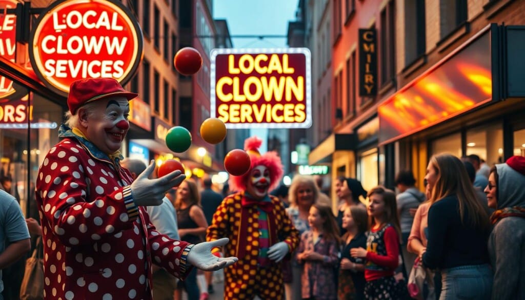 A bustling city street, illuminated by warm, golden lamplight, where a group of jovial clowns gather, their colorful costumes and painted faces radiating a sense of playful energy. In the foreground, a clown in a polka-dot suit juggles brightly colored balls, drawing the attention of passersby. In the middle ground, another clown entertains a group of children, their laughter echoing through the scene. In the background, a neon sign advertising "Local Clown Services" casts a vibrant glow, inviting onlookers to discover the delights of professional party entertainment. The overall atmosphere is one of whimsy, community, and the joyful celebration of the art of clowning.