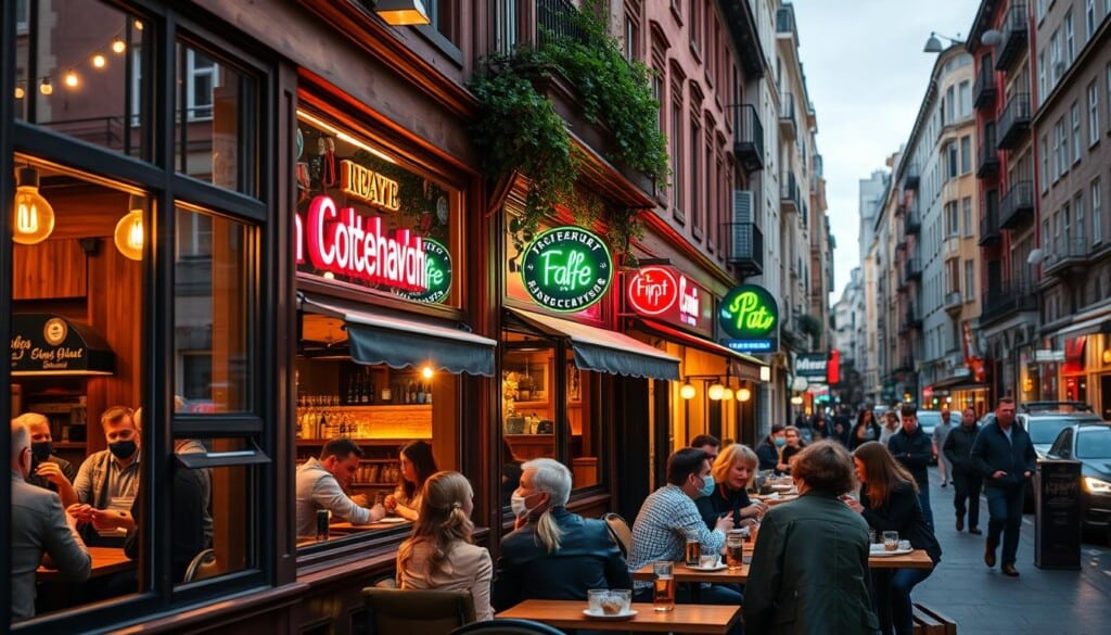 A bustling city street in a major Scandinavian metropolis, with a row of cozy, charming eateries lining the sidewalk. Warm, inviting lighting spills out from the large windows, illuminating the rustic wooden facades and stylish neon signs. Patrons can be seen through the glass, enjoying hearty meals and sipping on craft cocktails. In the foreground, a group of friends gather at an outdoor cafe table, savoring the flavors of traditional Scandinavian cuisine. The scene has a vibrant, lively atmosphere, capturing the essence of the top Scandinavian food spots in major cities.