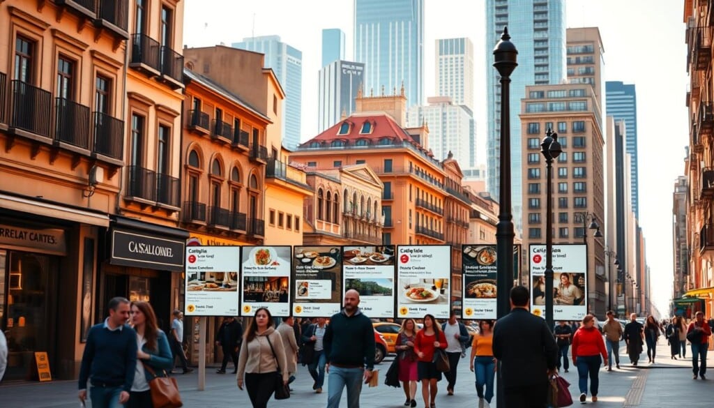 A bustling city street in a vibrant Catalan neighborhood, with a row of local businesses displayed on a digital directory screen. The screen shows well-designed listings for various Catalan restaurants, each with their logo, name, cuisine type, and star rating. The listings are cleanly organized, with a sleek and modern aesthetic. In the foreground, pedestrians stroll by, creating a sense of activity and energy. Warm, natural lighting bathes the scene, giving it a cozy, inviting atmosphere. The background features a mix of traditional Catalan architecture and modern skyscrapers, establishing a harmonious blend of old and new. The overall composition conveys a sense of exploration and discovery of the local Catalan culinary scene.
