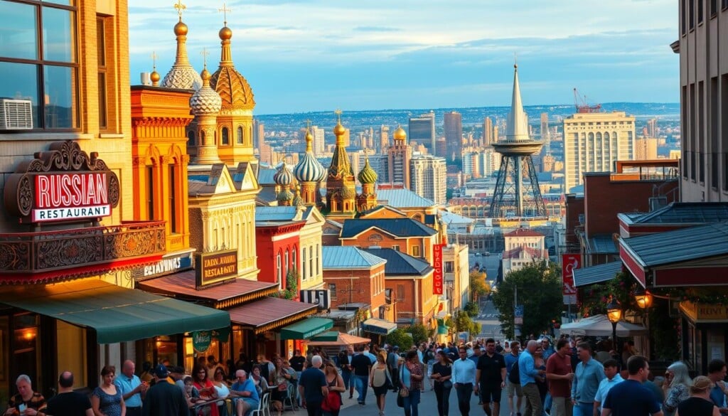 A bustling city street in a vibrant Russian neighborhood, bathed in warm evening light. In the foreground, a row of inviting Russian restaurants, their ornate facades adorned with intricate patterns and neon signs. Patrons spill out onto the sidewalks, enjoying hearty meals and lively conversation. In the middle ground, a mix of traditional and modern architecture, with onion-domed churches and sleek high-rises. The background is a panoramic view of the city skyline, hinting at the diverse cultural tapestry that makes up the American Russian culinary landscape.