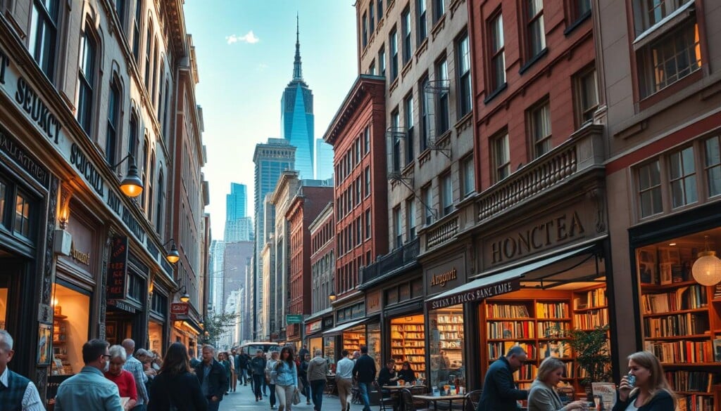 A bustling city street in the afternoon light, lined with towering bookstores adorned with ornate facades and large display windows showcasing their diverse collections. In the foreground, patrons browse the enticing shelves, their faces alight with the thrill of discovery. The middle ground features a mix of cozy reading nooks, cascading bookshelves, and quaint cafe tables where book lovers sip their drinks and lose themselves in their latest finds. In the background, the city skyline rises majestically, a testament to the intellectual and cultural heart of this vibrant urban landscape. The scene is bathed in a warm, inviting glow, capturing the essence of the top bookstores across America's most dynamic cities.