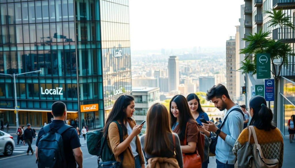 A bustling city street in the foreground, with a modern glass-and-steel building housing the offices of LocalZ, a language education technology company. In the middle ground, students of diverse backgrounds are engaging with the company's mobile app, connecting them to local language schools. The scene is bathed in warm, natural lighting, conveying a sense of welcoming and collaboration. In the background, a panoramic view of the city skyline, reflecting the global reach and impact of LocalZ's platform. The overall atmosphere is one of innovation, community, and the power of technology to bridge linguistic and cultural divides.
