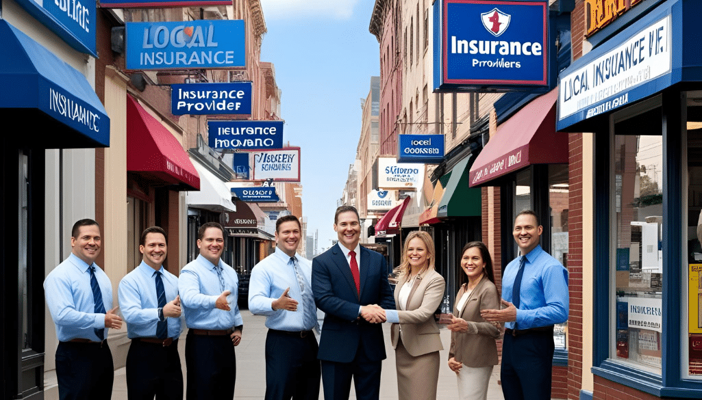 A-bustling-city-street-lined-with-local-insurance-providers-their-signage-and-storefront