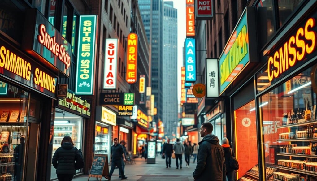 A bustling city street, lined with neon-lit storefronts, catches the eye of a passerby searching for the ideal smoke shop. The storefront displays are illuminated, beckoning exploration, while the sidewalk bustles with pedestrians. In the foreground, a person stands, contemplating the options, the warm glow of the signs casting a welcoming ambiance. The middle ground features a variety of storefronts, each with their own unique character and offerings. In the background, the cityscape stretches out, hinting at the wealth of possibilities for finding the perfect smoke shop. The scene is captured with a wide-angle lens, creating a sense of depth and immersion, and lit with a soft, natural lighting that enhances the urban atmosphere.