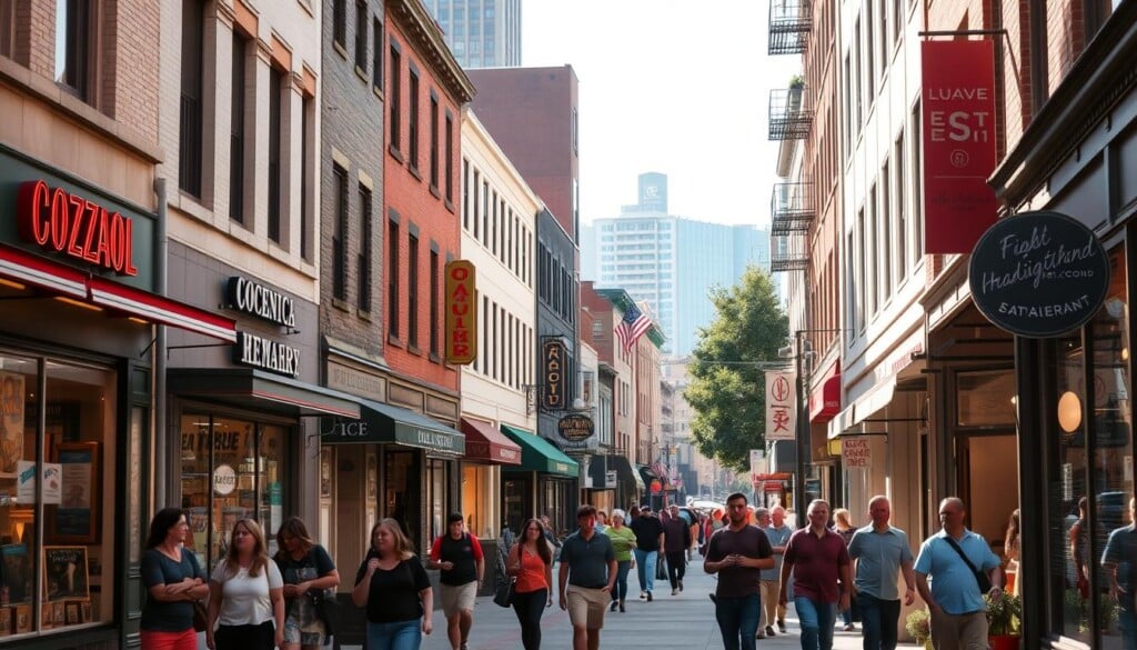 A bustling city street lined with vibrant local shops and eateries, their storefront displays inviting passersby. In the foreground, people stroll along the sidewalk, engaged in lively conversation and browsing the wares on offer. The mid-ground features a mix of independent businesses, their facades adorned with colorful signage and window displays showcasing their unique offerings. In the background, a blend of modern and historic architecture frames the scene, evoking a sense of community and rich local character. Warm, natural lighting filters through, casting a cozy glow over the entire composition. The overall atmosphere is one of energetic urban life, where residents and visitors alike are drawn to explore and support the thriving local economy.
