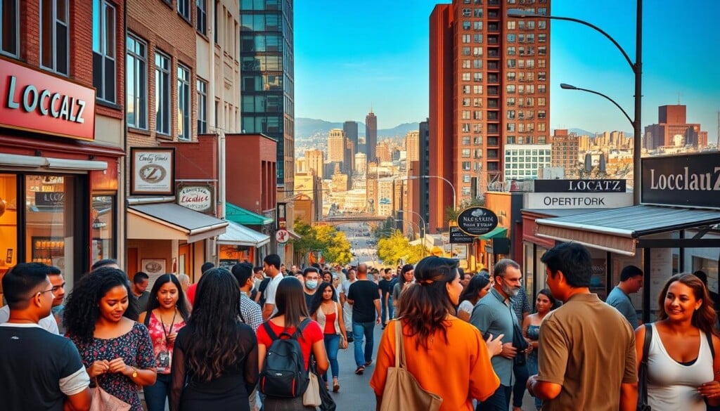 A bustling city street lined with vibrant storefronts and lively pedestrians, captured in a warm, golden-hour glow. In the foreground, a group of diverse community members engaged in animated conversation, their body language conveying a sense of connection and collaboration. In the middle ground, business owners greet passersby, handshakes and smiles exchanged, showcasing the symbiotic relationship between local enterprises and the surrounding neighborhood. The background features a sprawling cityscape, skyscrapers and bridges in the distance, hinting at the broader network of commerce and community that LocalZ helps to cultivate. The scene radiates a sense of energy, opportunity, and the vibrant intersection of urban life.