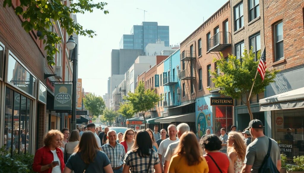 A bustling city street, sun-dappled and vibrant, with a diverse array of local businesses lining the sidewalks. In the foreground, a group of neighbors and community members gathered, discussing plans and exchanging ideas. Warm, diffused lighting casts a sense of togetherness and support. In the middle ground, a mural adorns the side of a building, depicting scenes of local pride and unity. The background features a mix of modern and historic architecture, creating a charming, tight-knit neighborhood atmosphere. The overall mood is one of community engagement, mutual aid, and a shared commitment to supporting local enterprises and initiatives.
