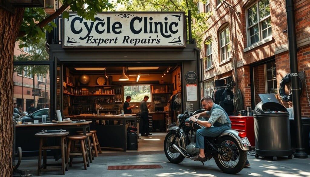 A bustling city street, sun-dappled through the trees, with a quaint motorcycle repair shop nestled between old brick buildings. The shop's signage is hand-painted, inviting passersby to "Cycle Clinic - Expert Repairs". Inside, the space is filled with the warm glow of workbenches, an array of vintage tools, and the distinct aroma of motor oil. A mechanic in coveralls kneels beside a partially disassembled motorcycle, examining the engine with a keen eye. Through the large front windows, customers can be seen browsing the selection of accessories and gear. The overall atmosphere conveys a sense of expertise, care, and the time-honored tradition of motorcycle maintenance.
