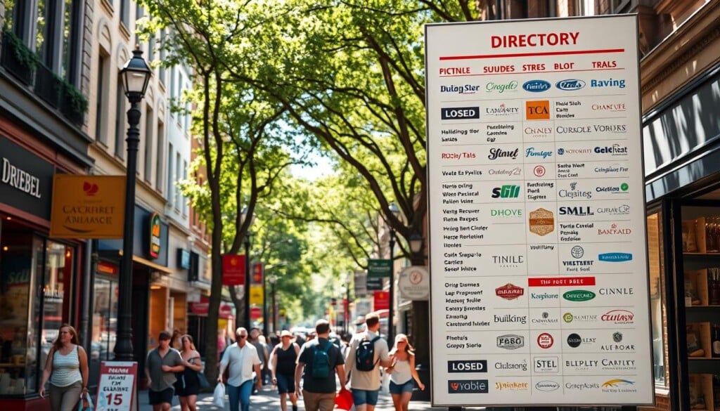 A bustling city street, sunlight filtering through the trees, lined with vibrant storefronts. In the foreground, a large, well-designed directory board features the logos and listings of local businesses - hardware stores, bakeries, boutiques, and more. The directory is modern and inviting, with a clean, minimalist aesthetic and intuitive organization. In the middle ground, pedestrians stroll by, pausing to consult the directory and plan their next shopping destination. The background is filled with the details of the urban landscape - a mix of historic and contemporary architecture, street lamps, and the movement of daily life. The overall scene conveys a sense of community, discovery, and the vibrant rhythm of a thriving local economy.