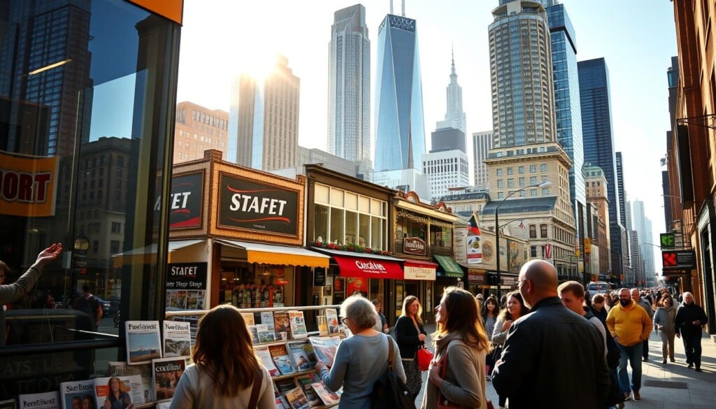 A bustling city street, the sun casting warm, golden light across the scene. In the foreground, a group of people engaged in lively conversation, gesturing animatedly as they explore a variety of local newspapers and magazines displayed in an inviting storefront window. The middle ground features an array of diverse shops and eateries, each with its own distinct character and charm. In the background, towering skyscrapers and a vibrant, modern skyline create a sense of energy and possibility. The overall atmosphere is one of discovery, exploration, and the joy of immersing oneself in the rich tapestry of the local community.