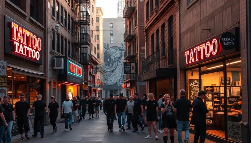 A bustling city street, the sun casting warm hues over the storefronts. In the foreground, a row of local tattoo parlors, their neon signs illuminating the sidewalk. Customers spill out onto the pavement, admiring the flash art displayed in the windows. The tattoo artists, clad in black, can be seen through the open doorways, hunched over their workstations, the hum of tattoo machines punctuating the urban soundscape. In the background, a mural depicting a mythical creature winds its way up the side of a building, adding a touch of the mystical to the scene. The overall atmosphere is one of creativity, community, and the celebration of self-expression through the art of tattooing.