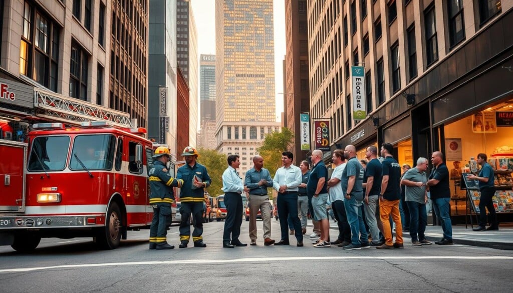 A bustling city street, with a fire engine parked prominently in the foreground. Firefighters in full gear stand beside the engine, shaking hands with local business owners. In the middle ground, a group of employees from a nearby shop discuss fire safety protocols with the firefighters. In the background, a towering skyscraper illuminates the scene with warm, golden lighting, creating a sense of collaboration and civic pride. The image captures the essence of fire safety partnerships, where the local community and first responders work together to promote safety and preparedness.