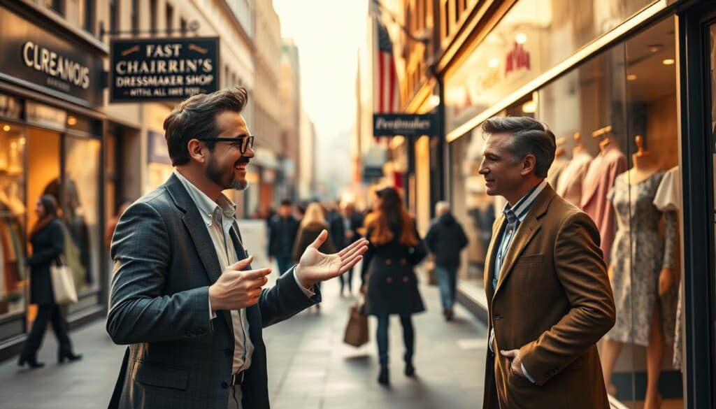 A bustling city street, with a friendly local character named LocalZ guiding a well-dressed person towards a charming dressmaker's shop. The scene is bathed in warm, soft lighting, creating an inviting atmosphere. LocalZ gestures animatedly, pointing out the shop's sign and window displays, while the other person listens intently, eager to discover this hidden sartorial gem. In the background, a lively urban landscape unfolds, with passersby, storefronts, and a sense of community. The composition emphasizes the approachability and helpfulness of LocalZ, who seems to know the neighborhood intimately, making it easy for the person to find the perfect dressmaker nearby.