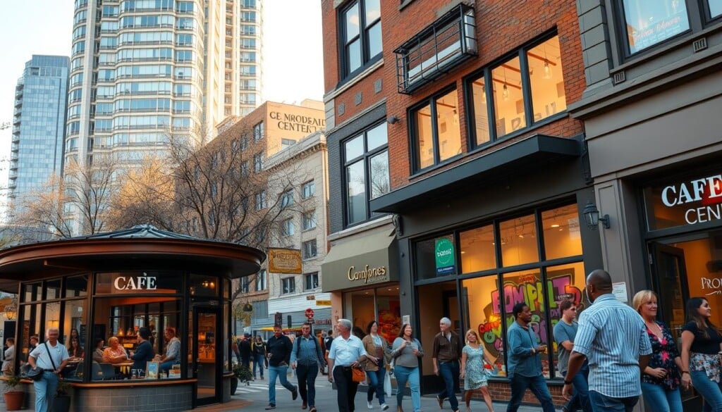 A bustling city street, with a mix of local storefronts and nonprofit organizations. In the foreground, a cozy cafe with large windows, its warm lighting spilling onto the sidewalk. Next to it, a community center with a vibrant mural adorning its facade. In the middle ground, people of diverse backgrounds strolling, chatting, and interacting. In the background, a towering office building, its sleek design contrasting with the more homespun charm of the local businesses. The atmosphere is lively, with a sense of collaboration and community engagement. A crisp, golden-hour lighting casts a soft glow over the scene, emphasizing the connection between the local enterprises and the nonprofits that serve the neighborhood.