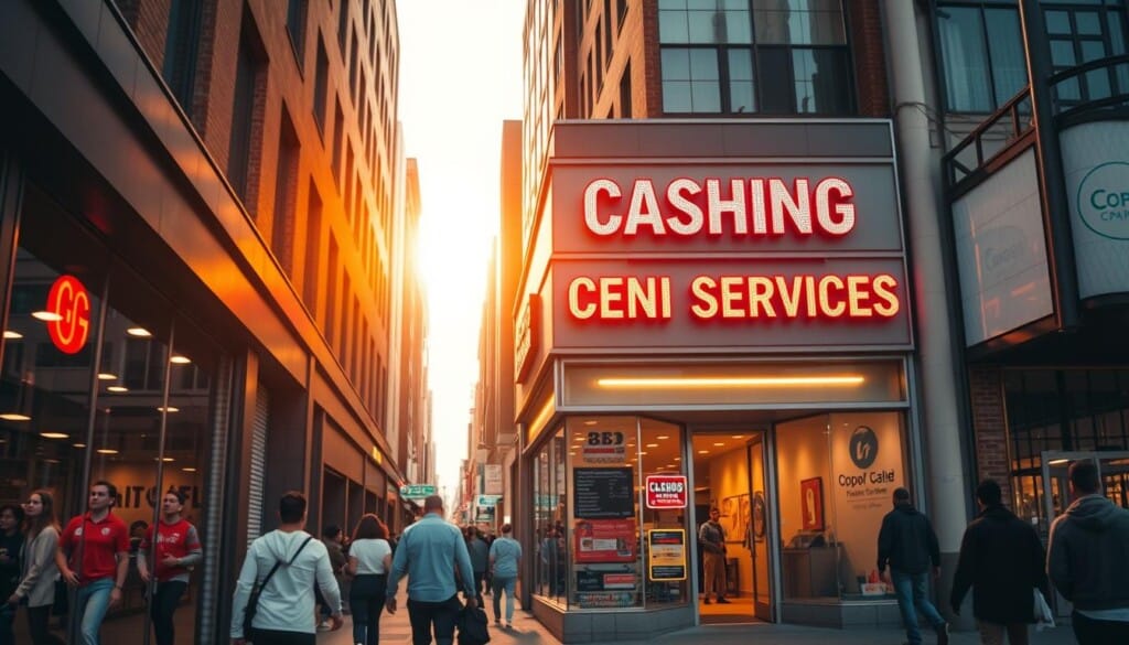 A bustling city street with a prominent storefront displaying "Check Cashing Services" in bold, neon-lit signage. The facade is adorned with large windows showcasing the services offered, creating an inviting and accessible atmosphere. The sidewalk is dotted with people walking by, conveying a sense of urban activity and the need for convenient financial services. The lighting is a warm, golden hue, casting a welcoming glow and accentuating the vibrant colors of the storefront. The angle of the shot captures the entire scene, allowing the viewer to fully immerse themselves in the dynamic neighborhood setting.