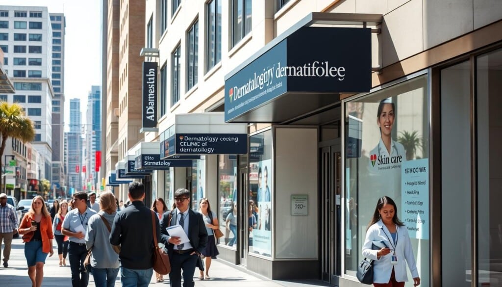 A bustling city street, with a row of professional-looking medical buildings lining the sidewalk. The signage on each building clearly indicates "Dermatology" or "Skin Care" services, with a variety of specialized doctors and clinics. The buildings have a clean, modern aesthetic, with large windows and inviting entryways. In the foreground, people are walking along the sidewalk, some carrying medical files or looking up at the buildings, conveying a sense of purpose and attention to their skin health. The lighting is bright and natural, creating a welcoming, professional atmosphere. The overall scene emphasizes the importance of local, accessible dermatological care within the community.