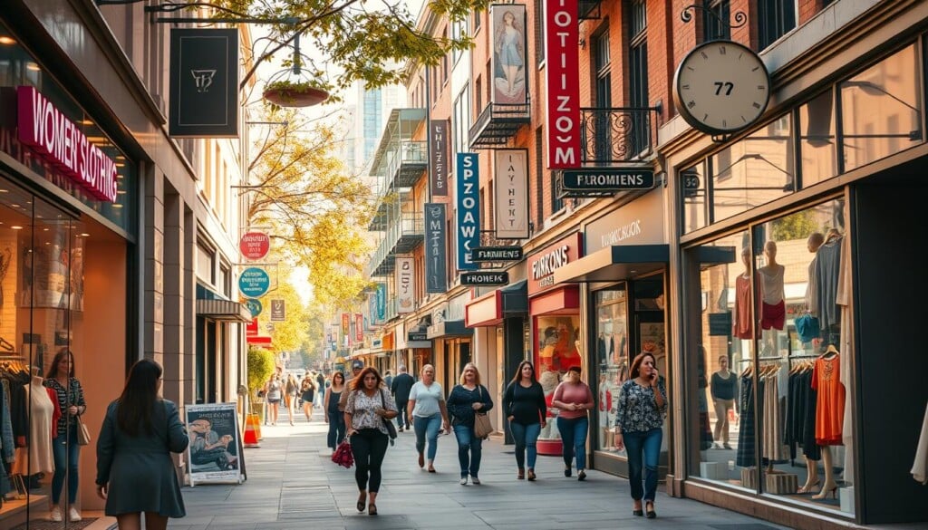 A bustling city street, with a variety of local women's clothing stores lining the sidewalks. The storefronts are adorned with vibrant window displays, showcasing the latest fashion trends. Pedestrians leisurely stroll past, peering into the enticing shop windows. Warm, natural lighting bathes the scene, creating a welcoming and inviting atmosphere. The camera angle is slightly elevated, providing a panoramic view of the lively urban landscape. Intriguing shop signs and facades draw the eye, inviting the viewer to explore and discover the hidden gems of the local shopping district.