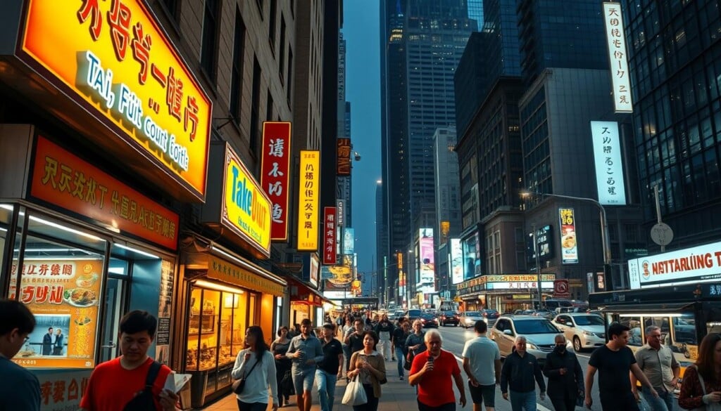 A bustling city street, with a variety of take-out restaurants lining the sidewalks. In the foreground, neon signs and brightly lit storefronts beckon passersby, showcasing tempting cuisine from around the world. The middle ground features people hurrying to and fro, clutching takeout bags and paper-wrapped meals. In the background, towering skyscrapers and bustling traffic create a dynamic, urban atmosphere. The lighting is a warm, inviting glow, captured with a wide-angle lens to convey a sense of energy and vibrancy. The overall mood is one of convenience, variety, and the tantalizing aroma of freshly prepared food.