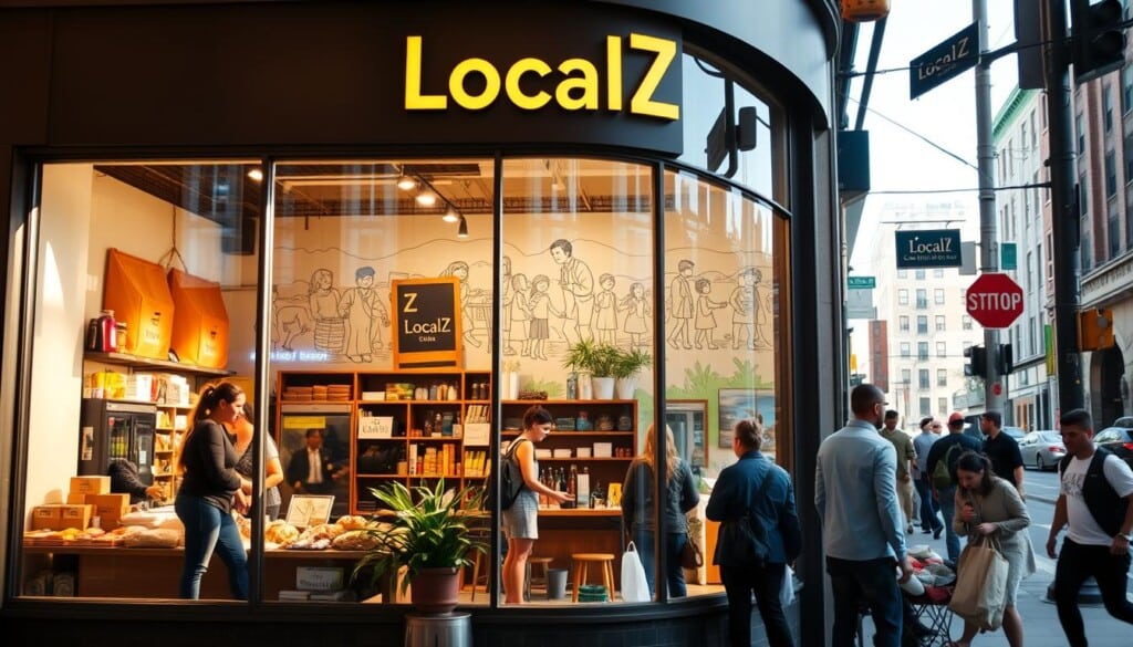 A bustling city street, with a vibrant, community-focused storefront called "LocalZ" in the foreground. Through the large windows, you can see a diverse group of people engaged in various activities - a food bank distribution, a craft workshop, and a cozy seating area where neighbors converse. The interior is warm and inviting, with natural lighting streaming in, illuminating the store's carefully curated selection of locally sourced goods. In the background, a mural depicting scenes of local community life adds a vibrant, artistic touch. The atmosphere conveys a sense of togetherness, empowerment, and a shared commitment to supporting the neighborhood.