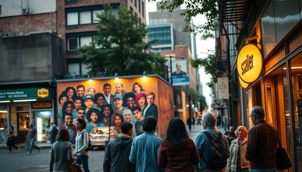 A bustling city street, with a vibrant mix of locally-owned shops and community centers. In the foreground, a group of residents gather outside a nonprofit organization, sharing ideas and resources. The middle ground features a mural depicting the diverse faces and cultures of the neighborhood. Warm lighting bathes the scene, creating a sense of togetherness and civic pride. In the background, a mix of modern and historic architecture frames the scene, underscoring the community's rich history and forward-looking spirit. The overall atmosphere conveys the importance of supporting local organizations in shaping the character and well-being of a thriving urban community.