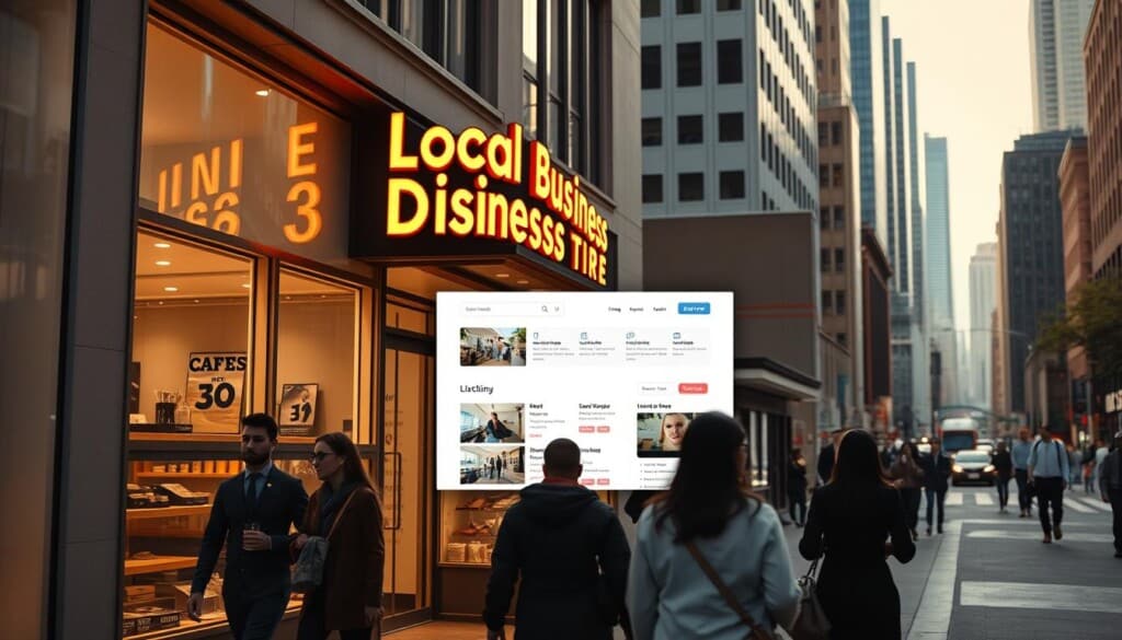 A bustling city street, with a warm, inviting storefront displaying a vibrant, modern "Local Business Directory" sign. Tasteful window displays showcase various local businesses, from cozy cafes to independent boutiques. The storefront's clean, minimalist design is accentuated by soft, diffused lighting, creating a welcoming atmosphere. In the foreground, pedestrians stroll by, their silhouettes adding a sense of liveliness to the scene. The middle ground features a sleek, responsive website interface, showcasing the directory's intuitive navigation and rich business listings. The background depicts a cityscape of towering skyscrapers, hinting at the directory's broader reach and connectivity. The overall mood is one of community, discovery, and the celebration of local entrepreneurship.