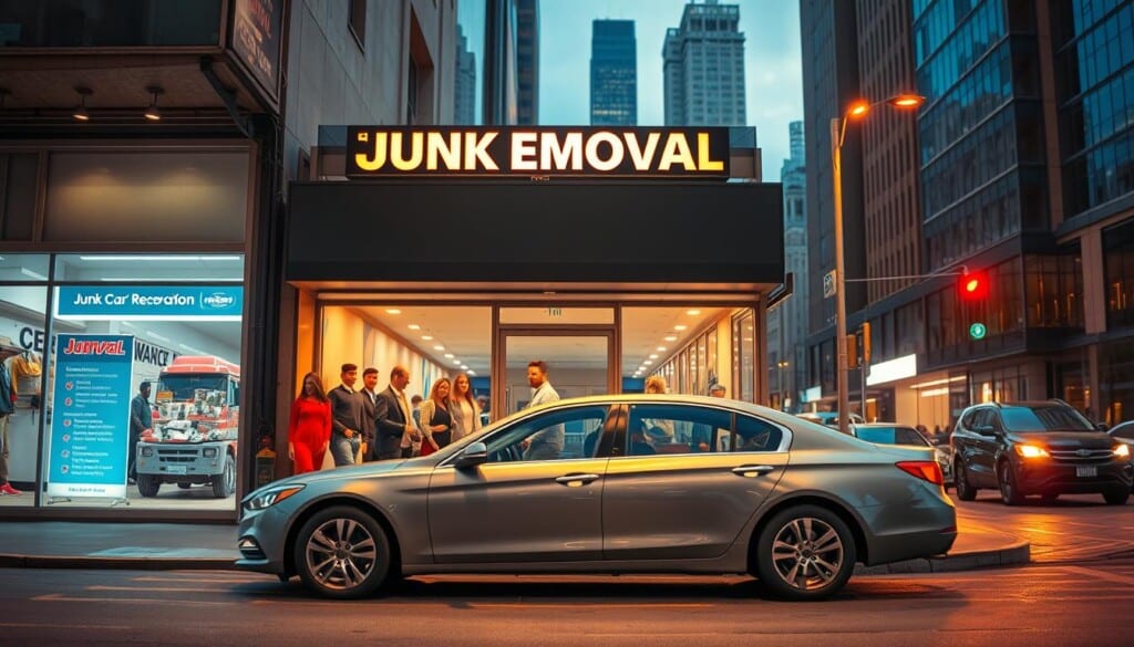 A bustling city street, with a well-lit storefront showcasing a team of friendly, professional-looking individuals in casual attire, ready to assist customers with their junk car removal needs. The scene is bathed in warm, inviting lighting, creating a welcoming atmosphere. In the foreground, a late-model sedan sits, its condition indicating it's likely a candidate for the junk car removal service. The middle ground features the main entrance, where potential customers can be seen entering and exiting, reinforcing the idea of a reliable, reputable business. In the background, a cityscape with skyscrapers and other commercial buildings sets the urban context, suggesting the accessibility and convenience of the service.